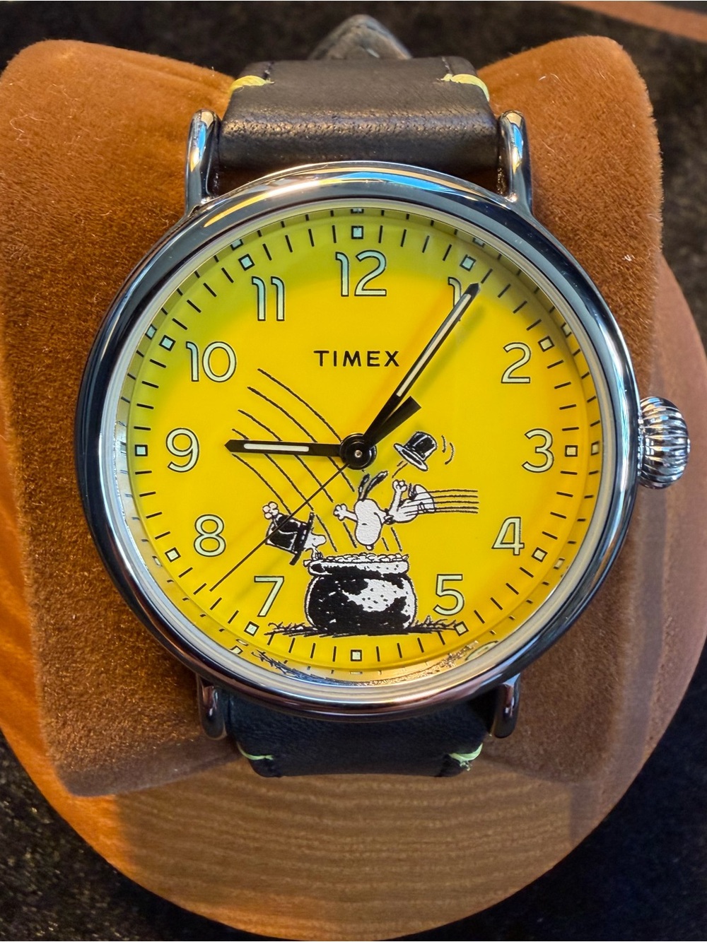 Timex Yellow Dial Black Leather Strap Watch with Snoopy Illustration